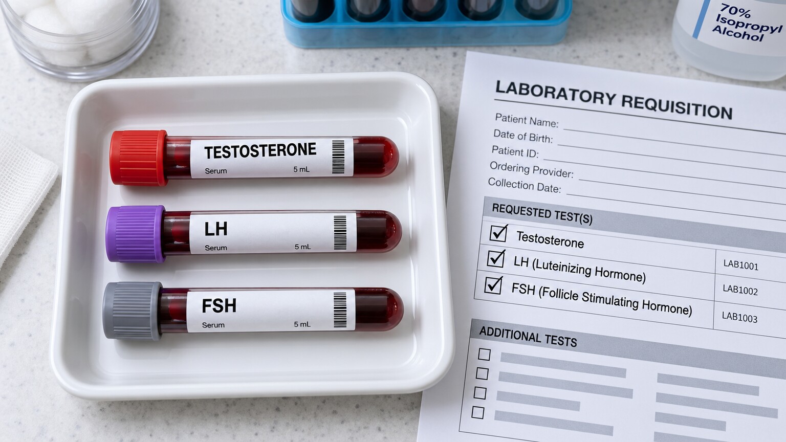 Labeled blood collection tubes for LH and FSH testing arranged beside a testosterone panel report, used to distinguish testicular from pituitary causes