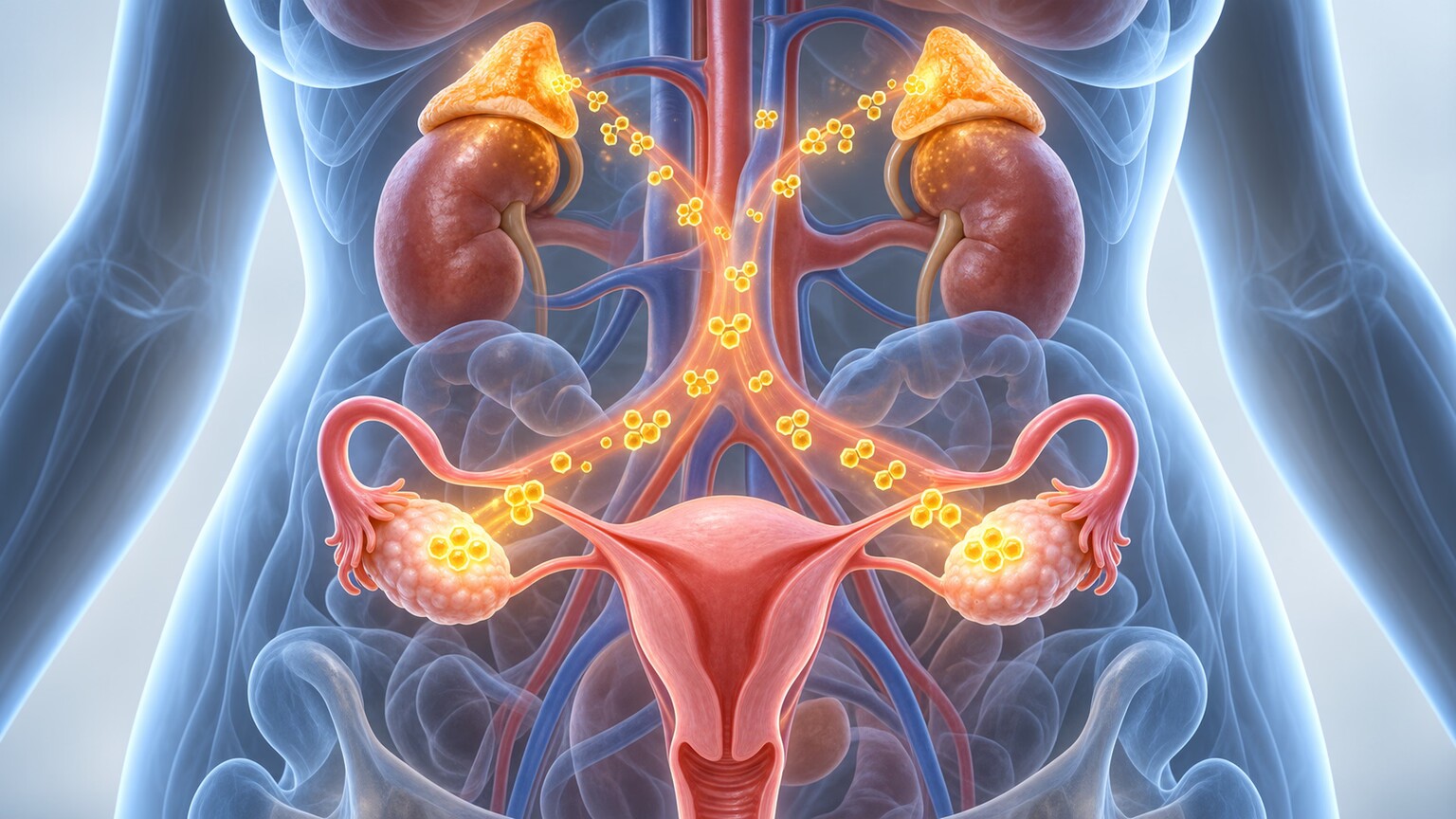 Scientific illustration of the ovaries and adrenal glands, the two organs that jointly produce testosterone in a woman's body
