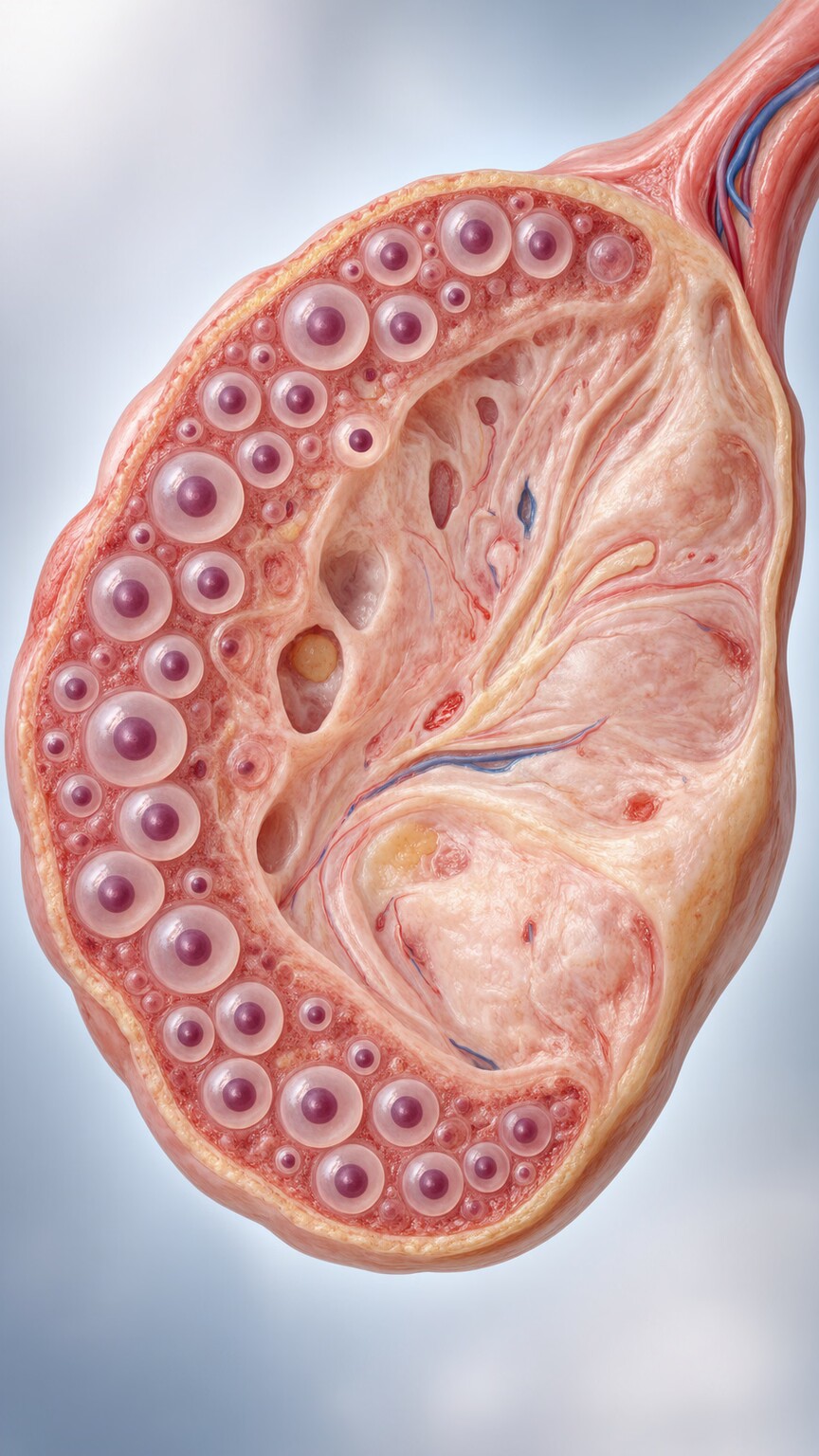 Scientific cross-section illustration of a polycystic ovary showing multiple small immature follicles along its outer edge