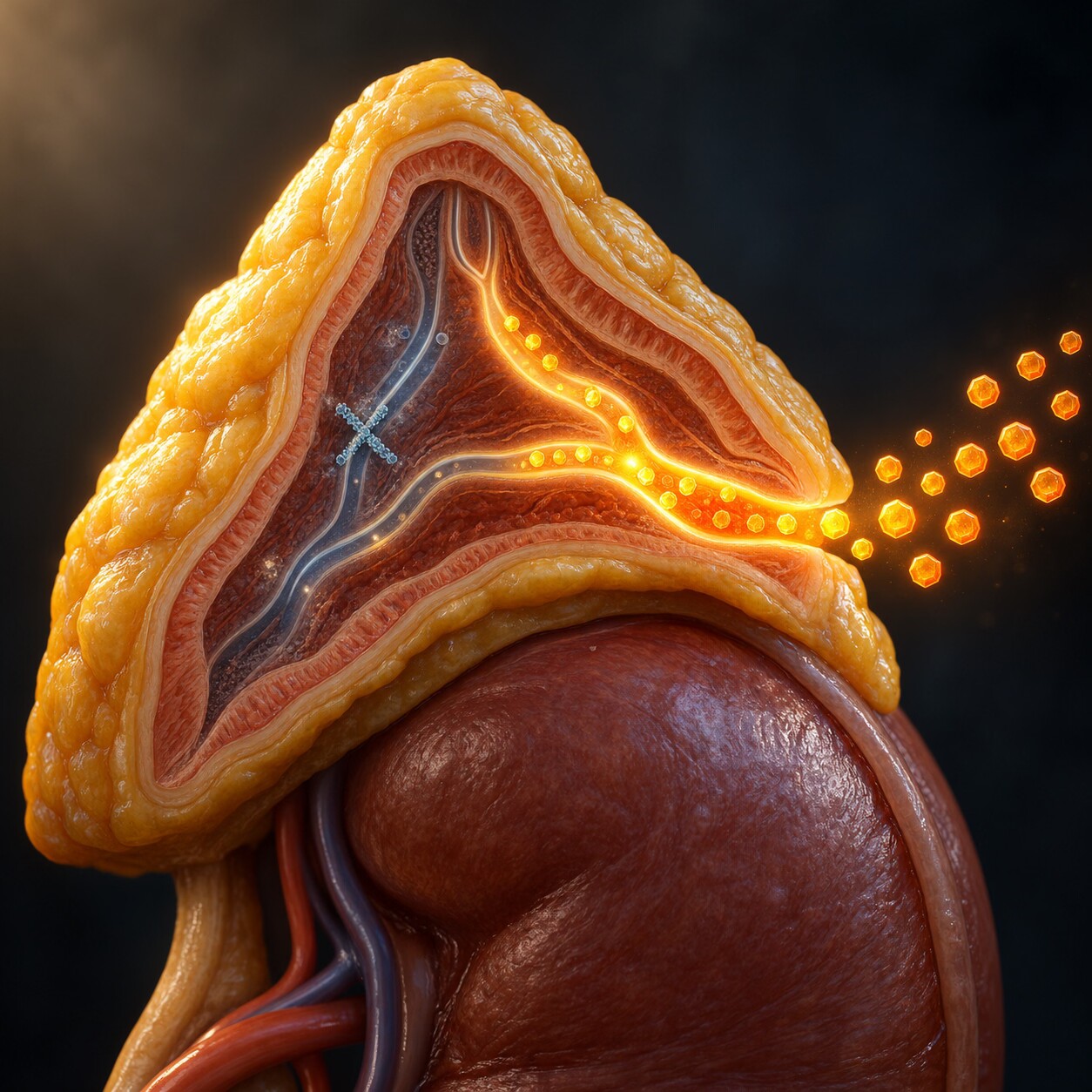 Close-up scientific illustration of the adrenal glands showing a disrupted enzyme pathway redirecting hormone production toward excess androgens