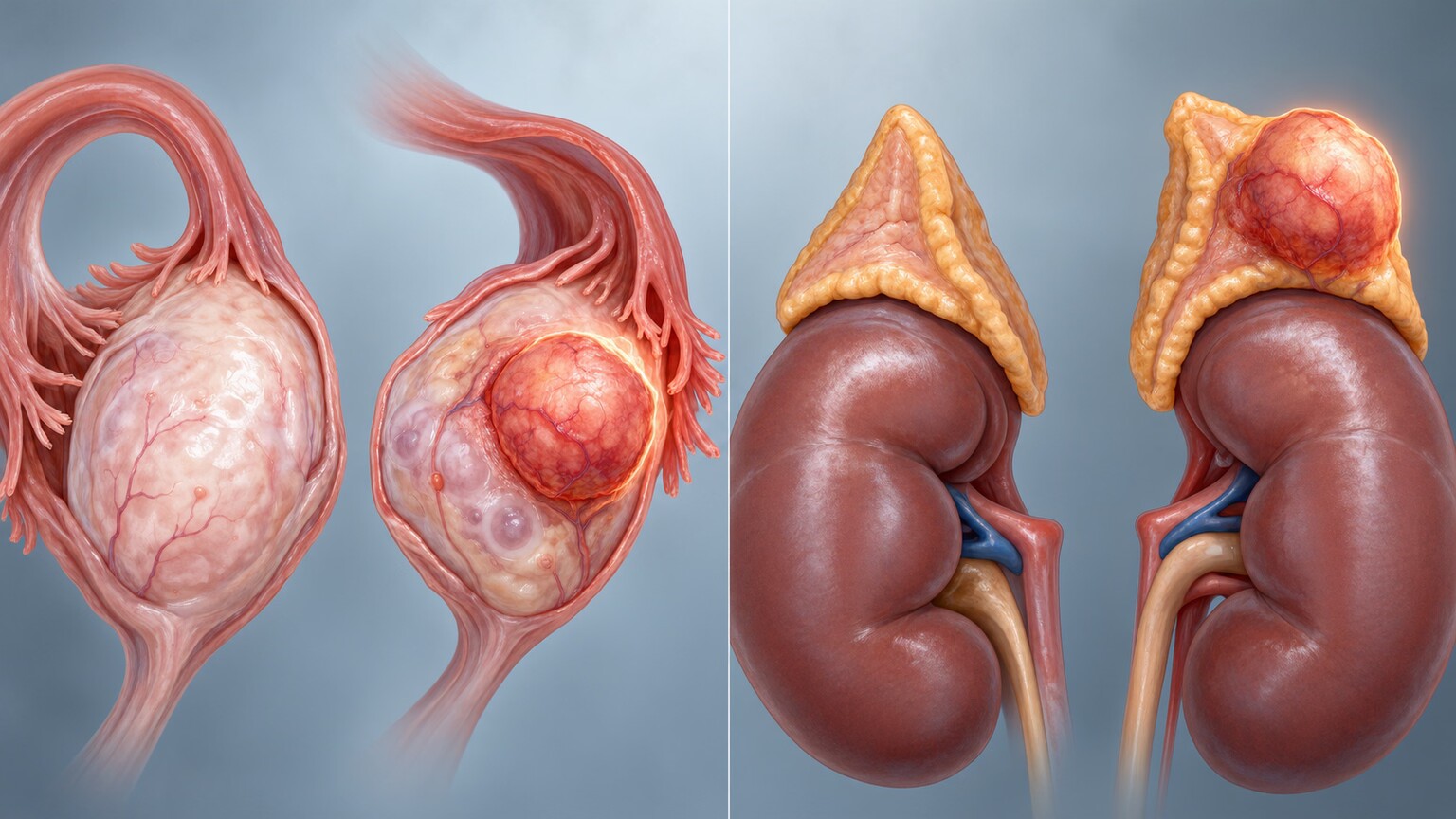 Scientific illustration comparing a normal ovary against one containing a small androgen-secreting tumor mass, alongside an adrenal gland with a similar growth