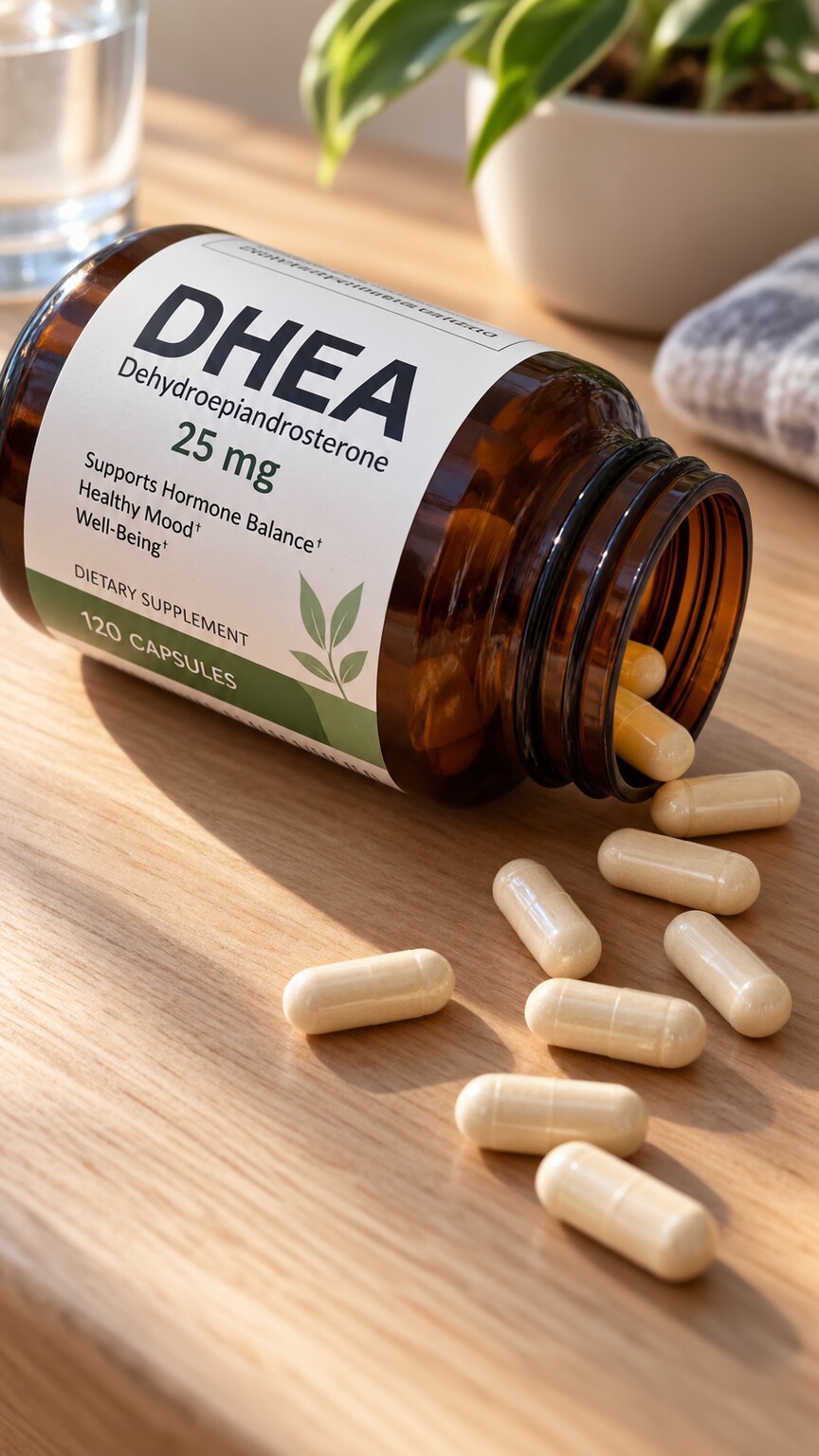 Close-up of an open DHEA supplement bottle with capsules spilling onto a counter, a hormone precursor supplement that can directly raise testosterone
