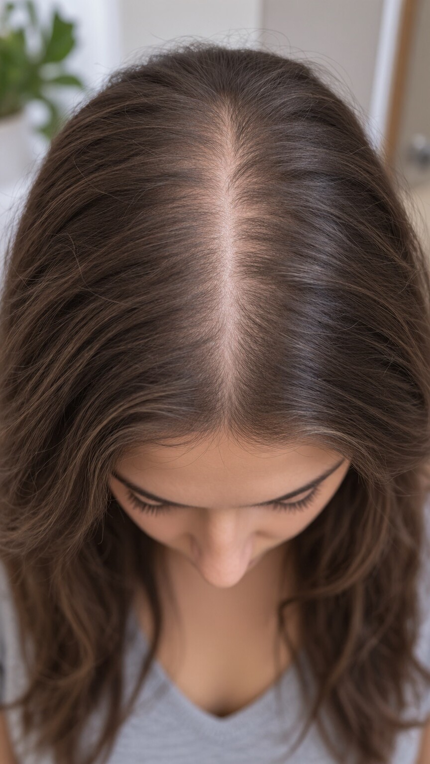 Close-up of a woman's scalp part line showing early androgenic hair thinning, a common visible sign of excess androgen exposure