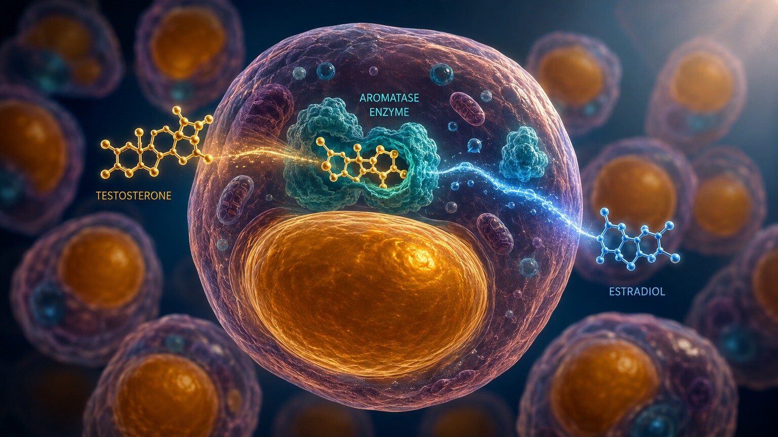 Scientific illustration of adipose tissue cells converting a testosterone molecule into estrogen via the aromatase enzyme