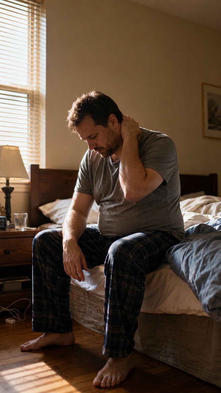 Man in his forties sitting on the edge of a bed in the morning, visibly fatigued with a softer midsection under a loose t-shirt