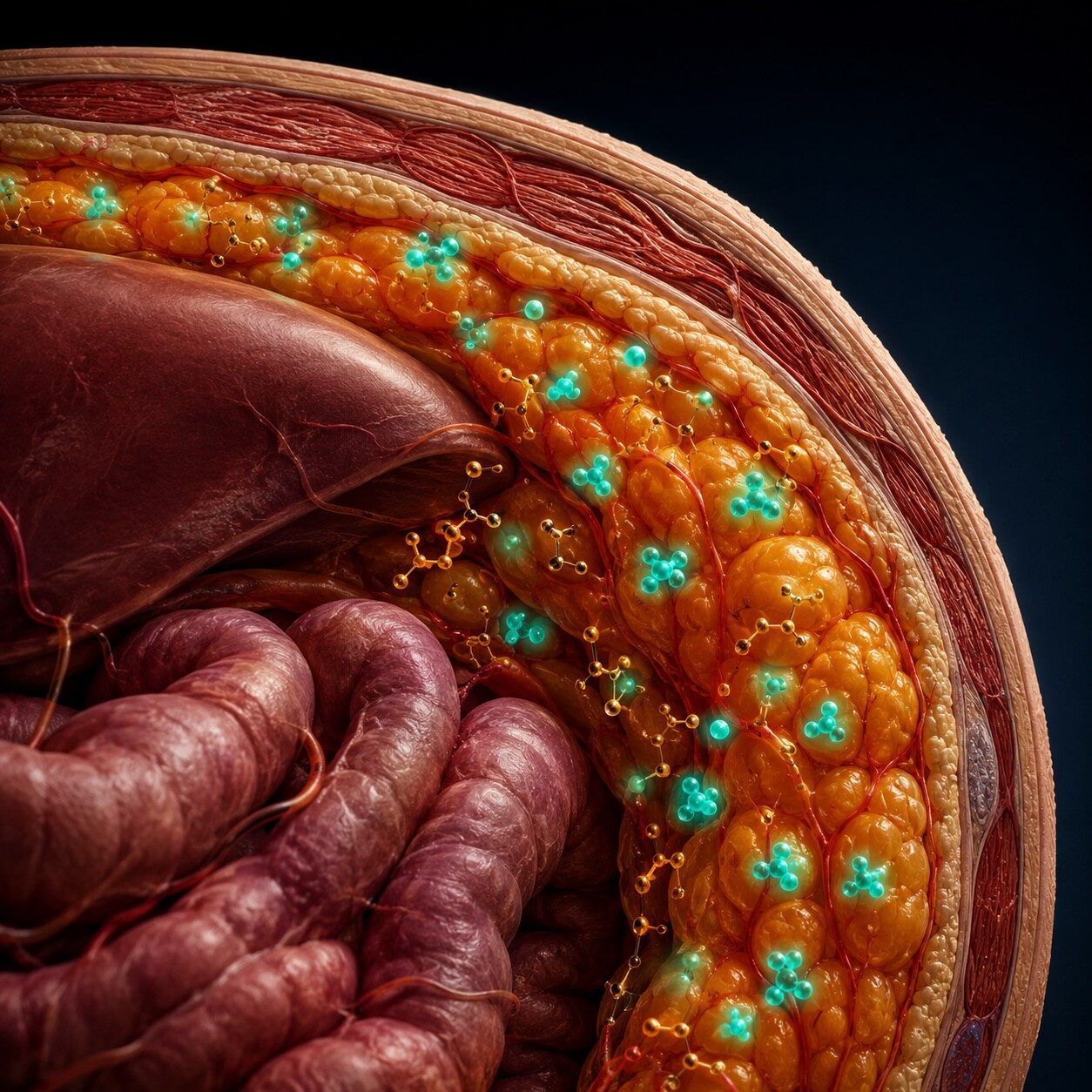 Close-up medical illustration of visceral fat surrounding abdominal organs with molecular aromatase activity highlighted in the tissue