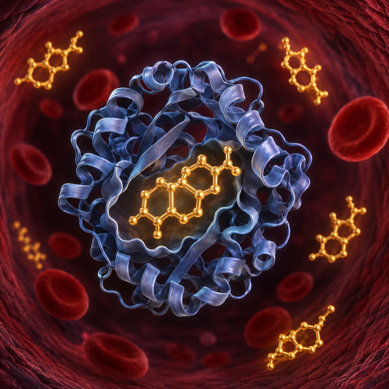 Molecular illustration of sex hormone-binding globulin protein binding to testosterone molecules within a blood vessel