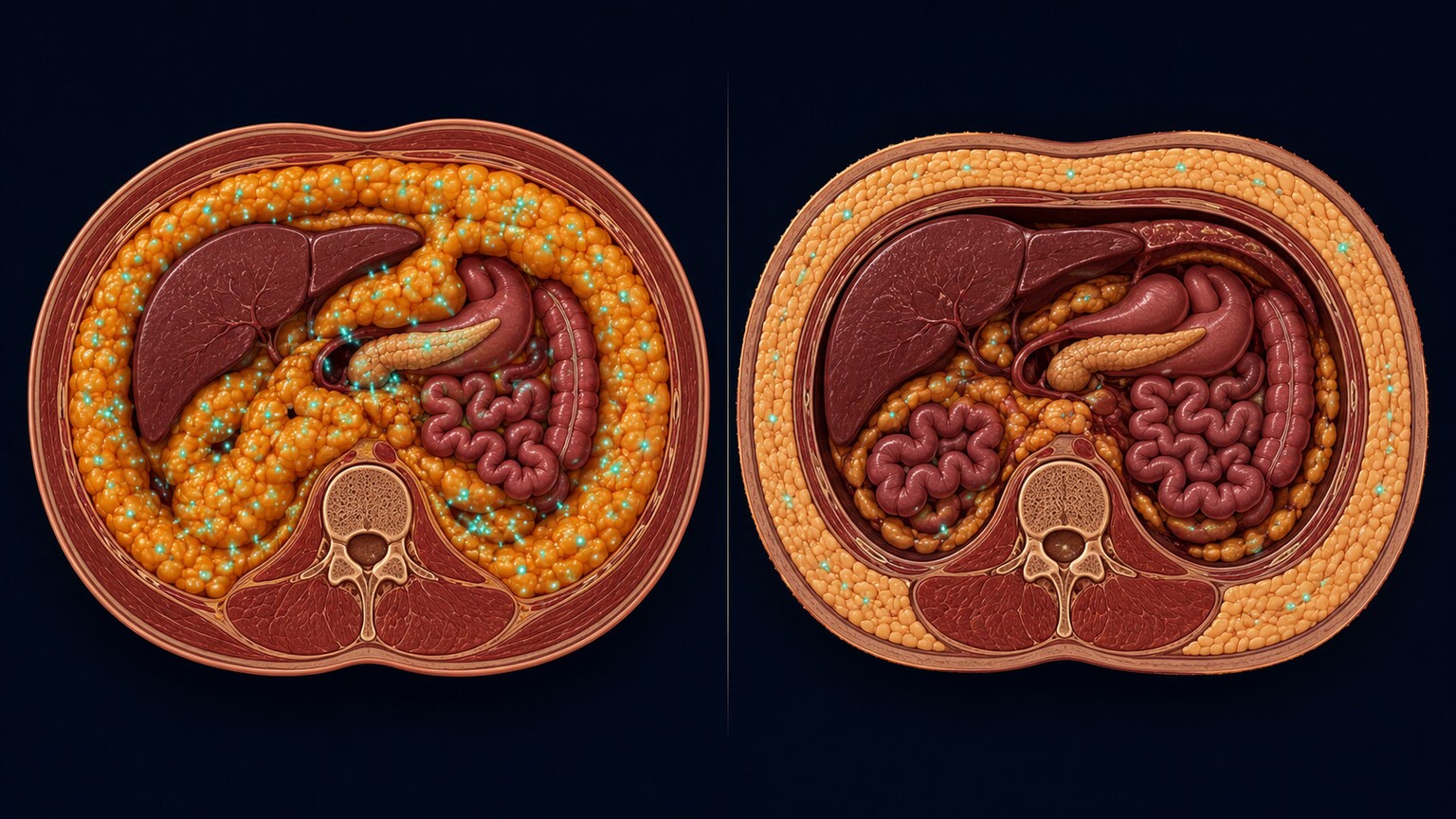 Side-by-side anatomical diagram comparing visceral abdominal fat surrounding organs and subcutaneous fat beneath the skin