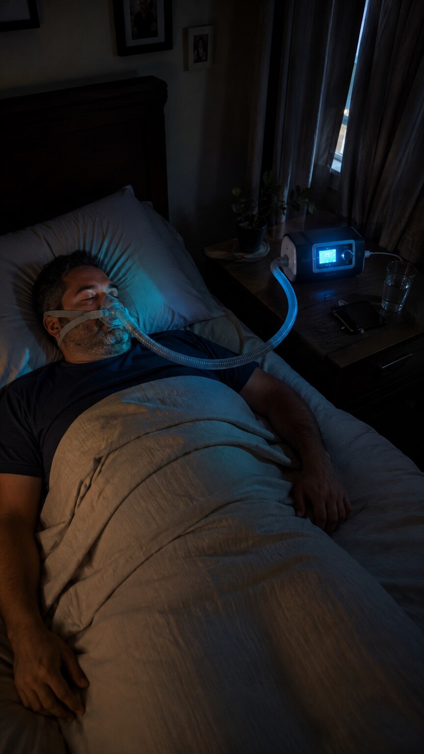 Man sleeping in a dimly lit bedroom wearing a CPAP mask connected to a bedside machine treating obstructive sleep apnea