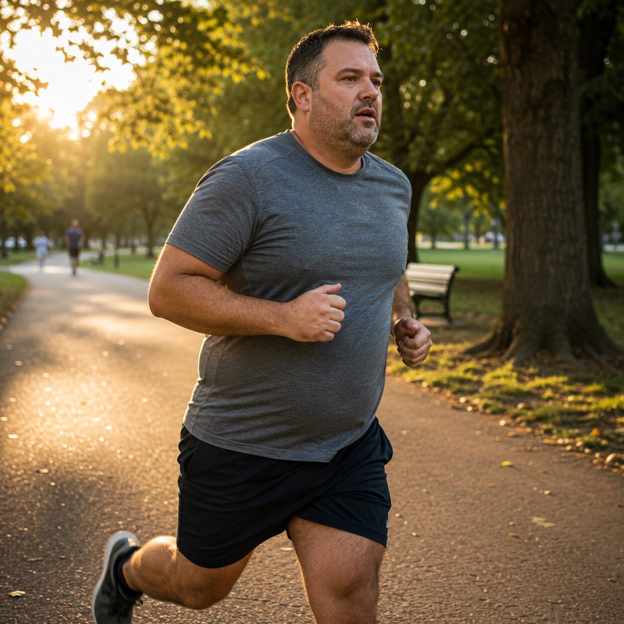 Man in his late thirties jogging outdoors on a park trail in early morning light as part of a weight loss routine