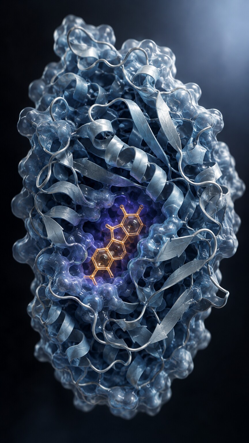Scientific illustration of an SHBG protein molecule with a testosterone molecule locked into its binding pocket