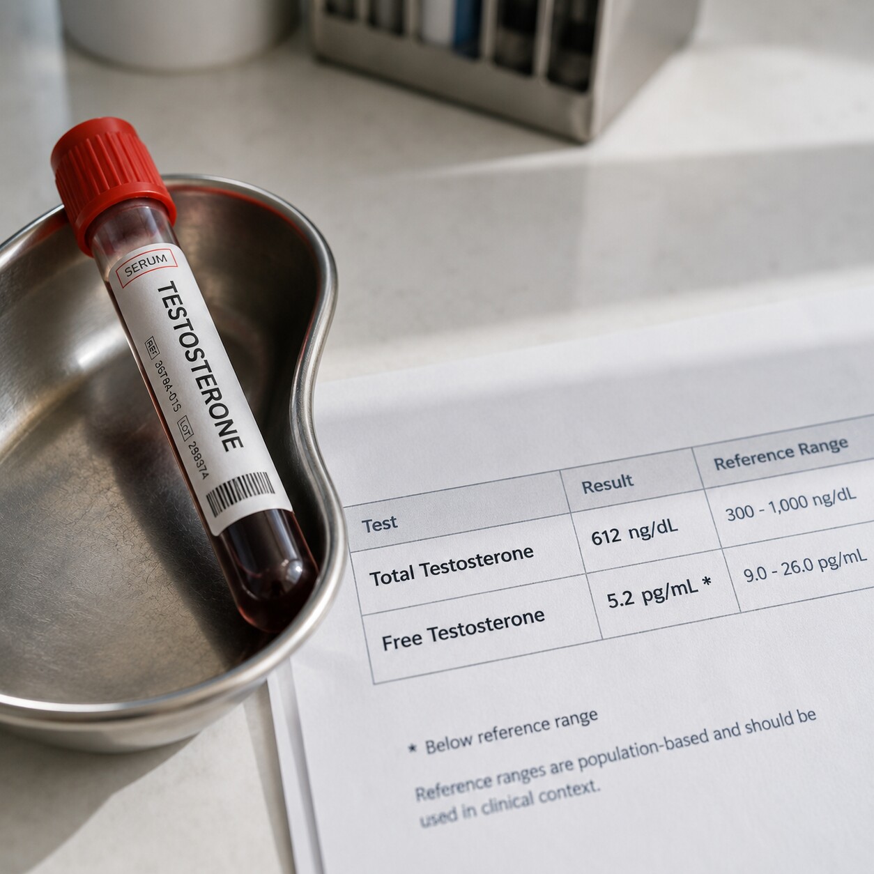 Close-up of a labeled blood collection vial beside a printed lab report showing normal total testosterone alongside a low free testosterone value
