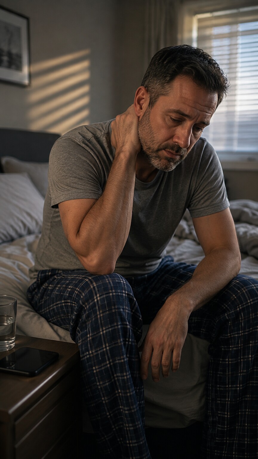 Man in his forties sitting on the edge of his bed in the morning appearing fatigued and low in energy