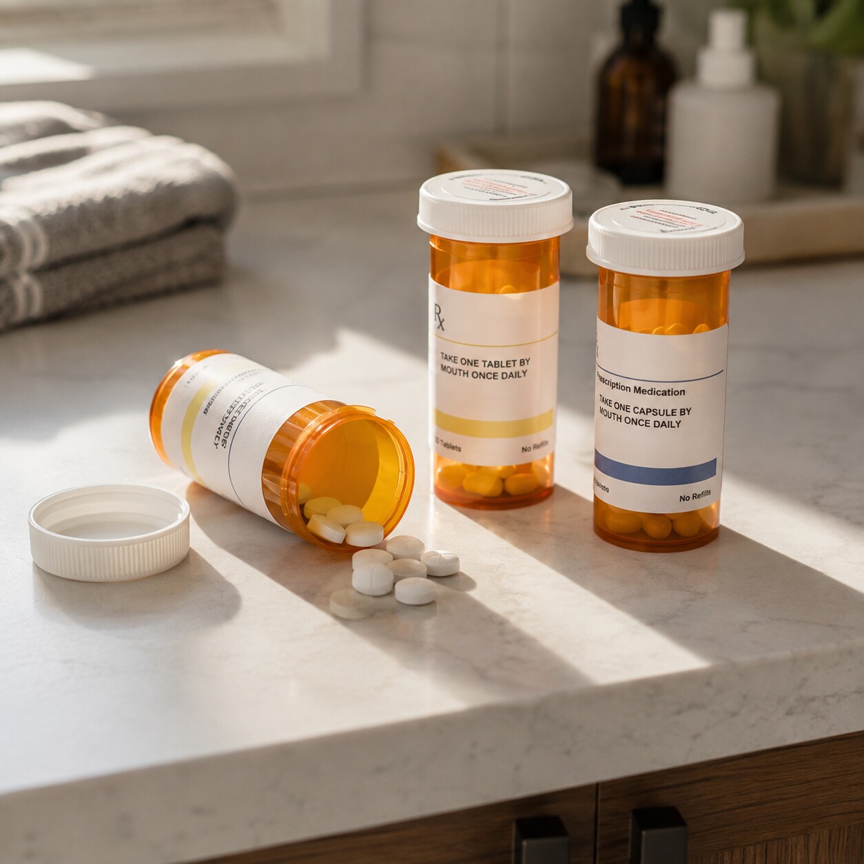 Amber prescription medication bottles on a bathroom counter representing drugs known to raise SHBG and lower free testosterone