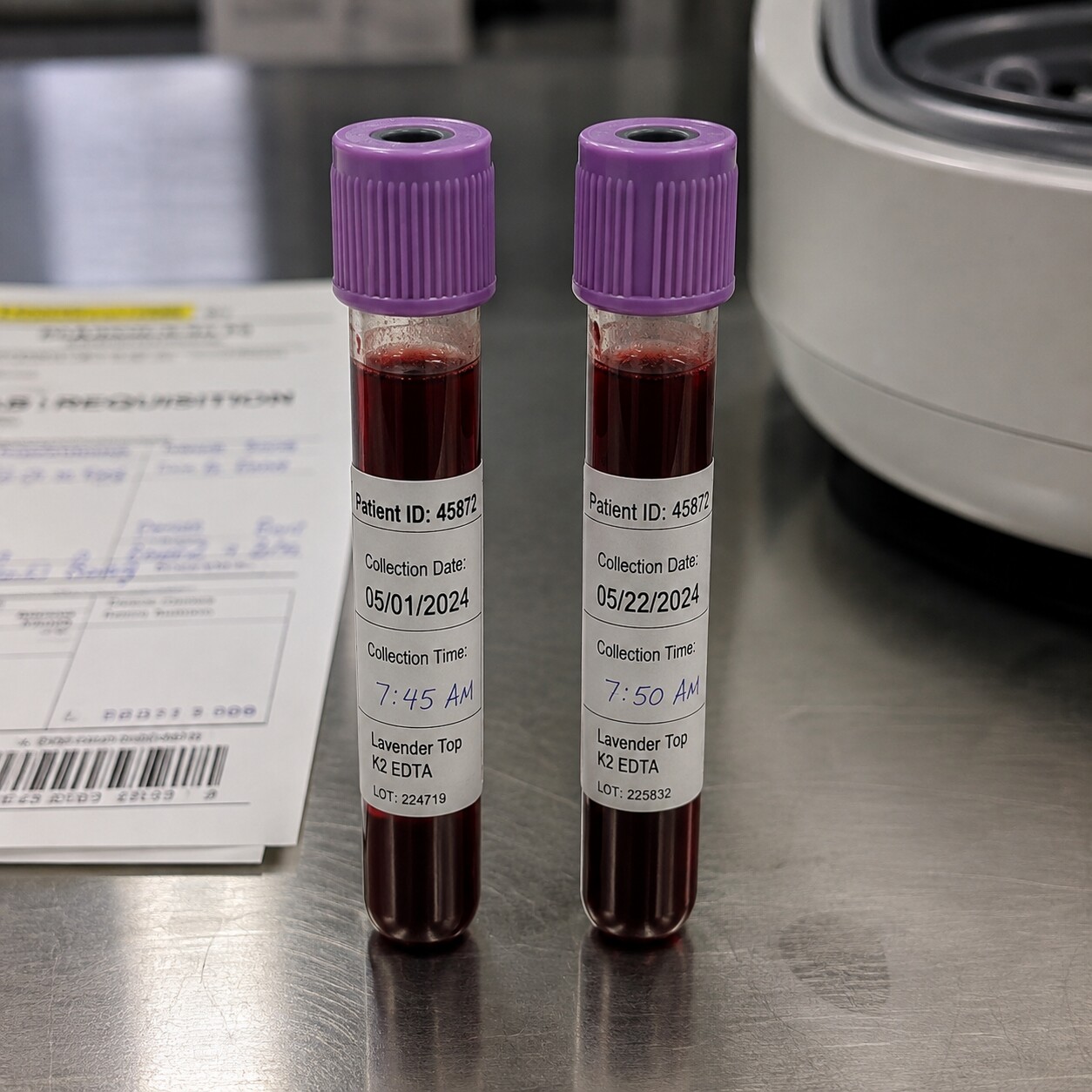 Two labeled blood collection tubes from separate draw dates sitting side by side on a laboratory counter