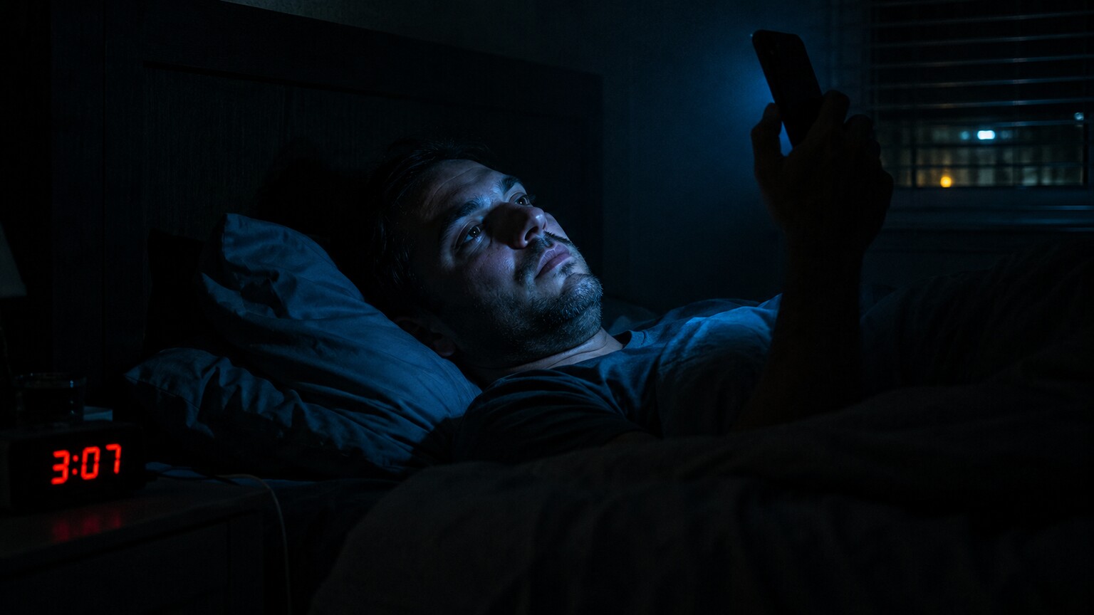 Man lying awake at 3 a.m. illuminated by his phone screen in a dark bedroom, unable to sleep the night before a blood test