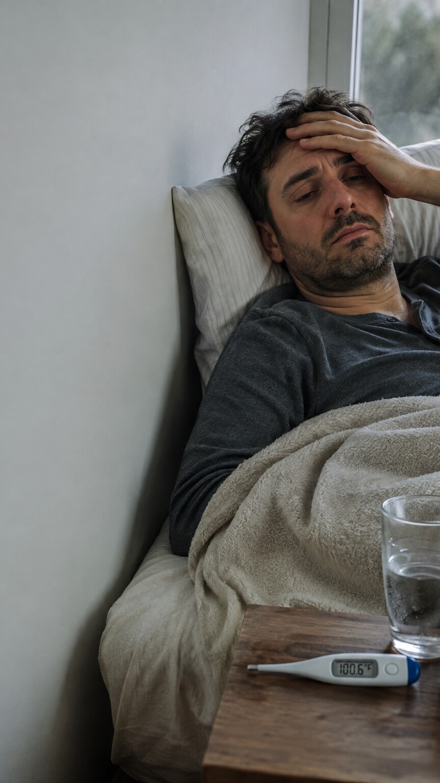 Man resting in bed with a thermometer and glass of water on the nightstand while recovering from an acute fever or illness