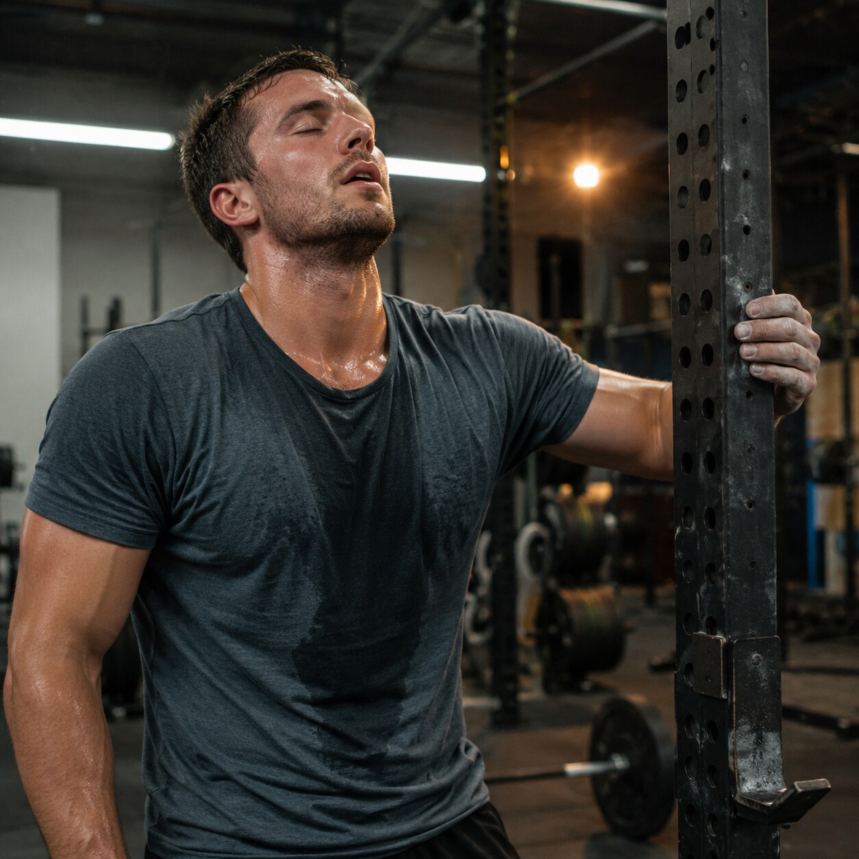 Man in his late twenties resting against a squat rack, visibly sweating and out of breath after an intense resistance training session