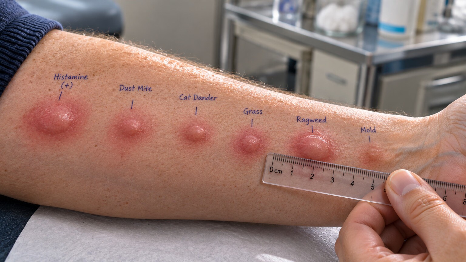 Close-up of a forearm skin prick allergy test showing a raised, reddened wheal-and-flare reaction at the test site