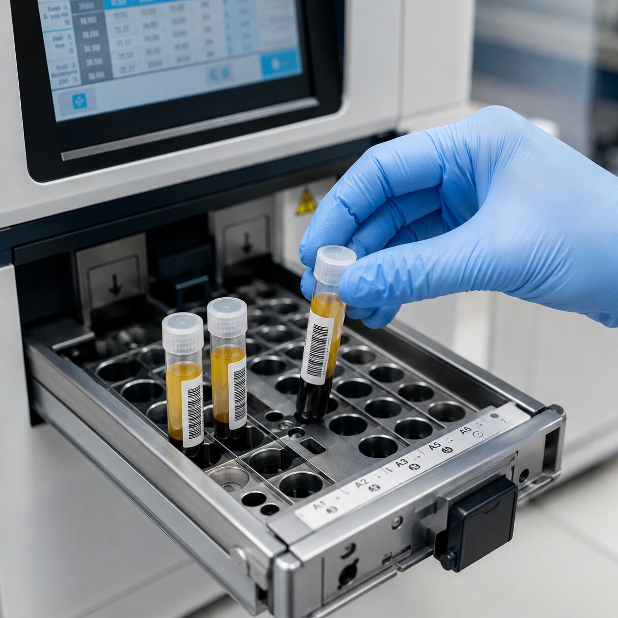 Laboratory technician loading blood serum samples into an automated immunoassay analyzer for specific IgE testing