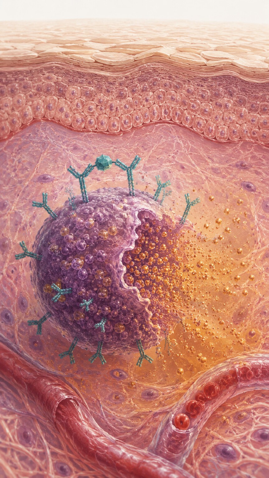 Scientific illustration of a mast cell releasing histamine granules during an allergic skin reaction