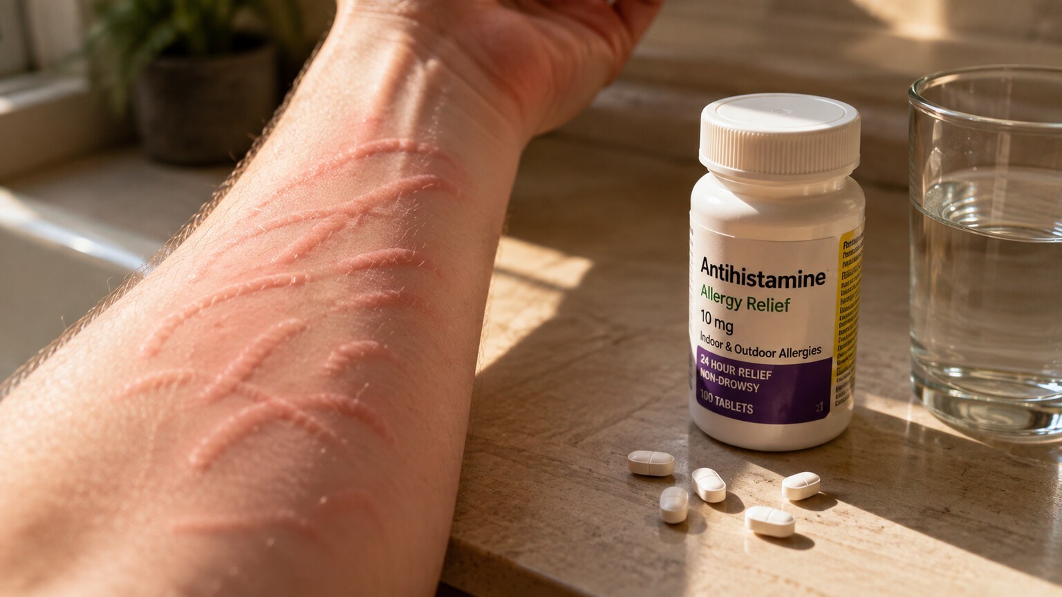 Close-up of dermatographism skin marks next to an antihistamine pill bottle on a kitchen counter