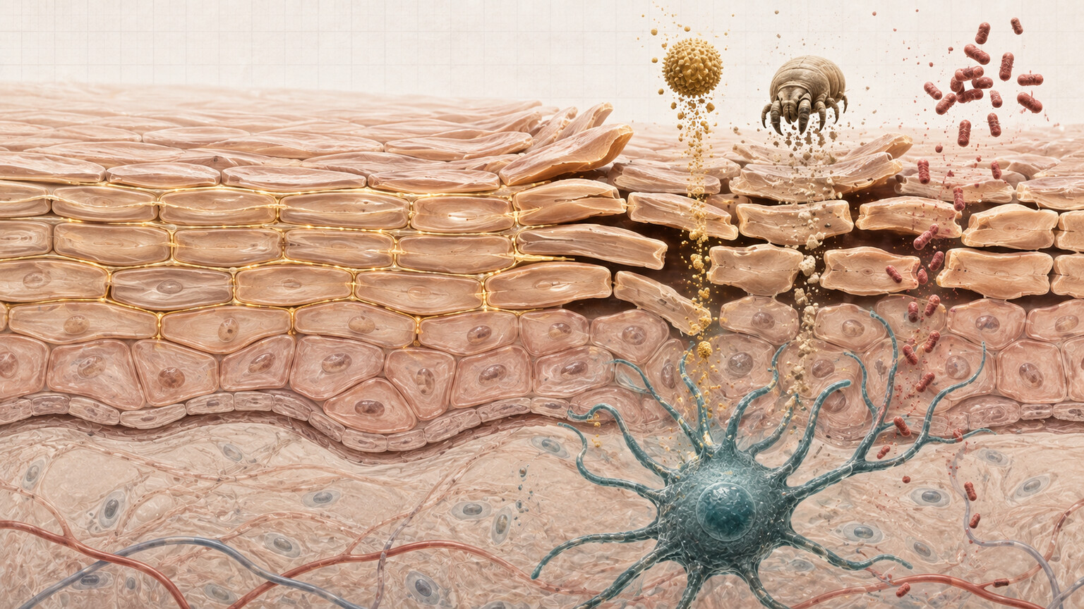 Cross-section illustration of the skin's stratum corneum showing gaps in the lipid barrier that allow allergens to penetrate