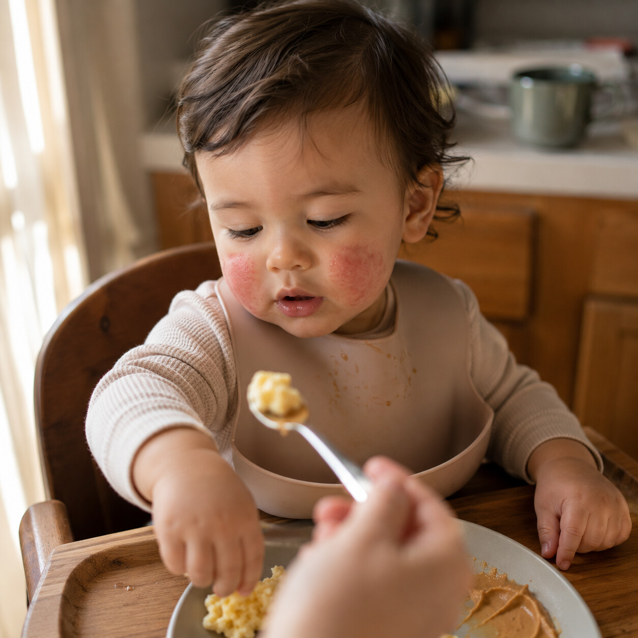 Toddler with visible eczema patches on the cheeks sitting in a highchair during an early introduction to a common allergenic food