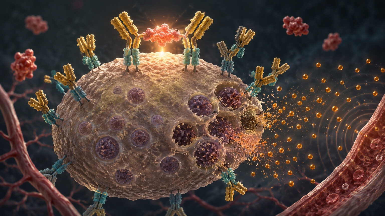 Scientific illustration of an allergen cross-linking two IgE antibodies on a mast cell surface, triggering histamine granule release