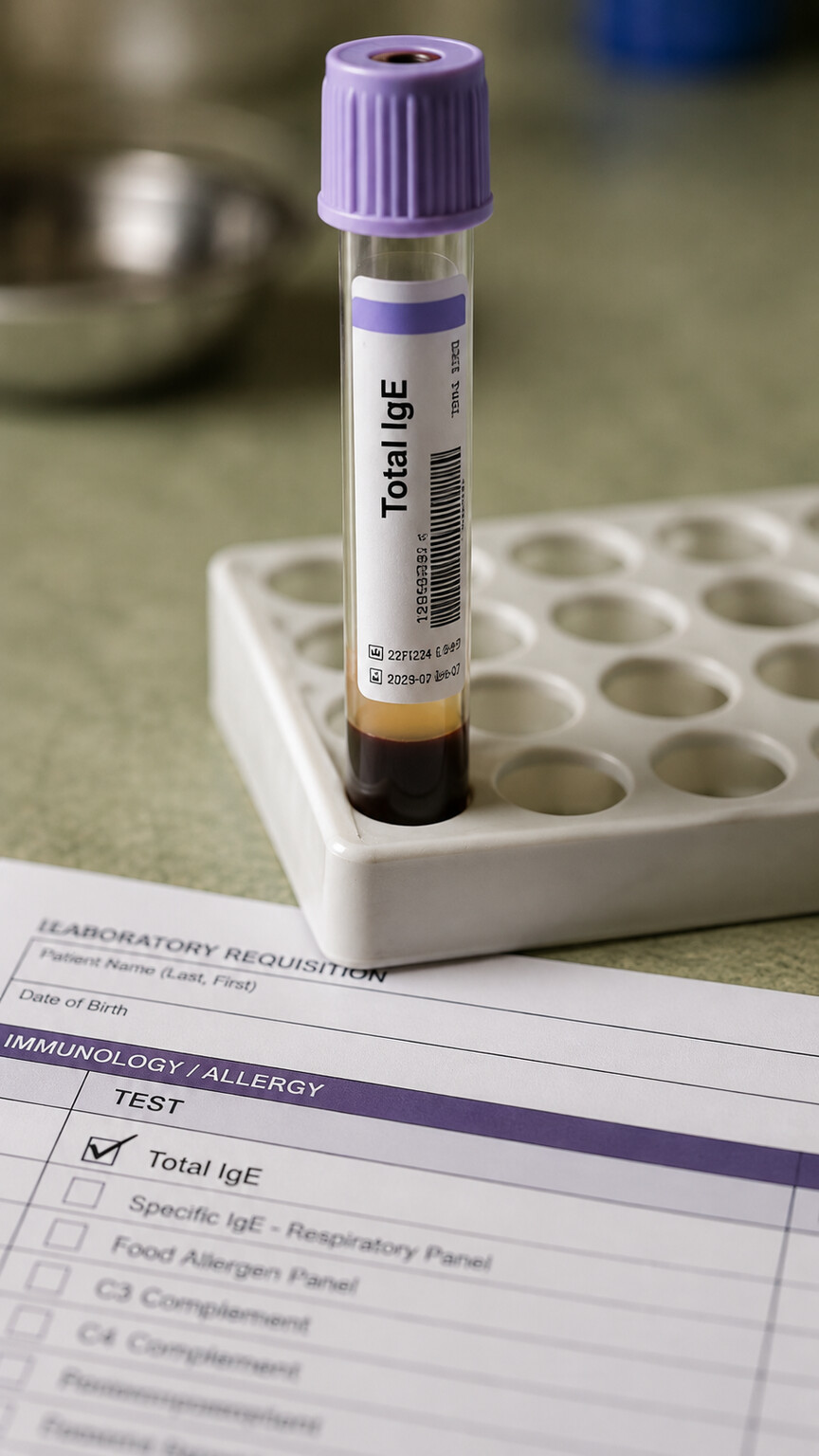 Close-up of a labeled blood collection tube for a total IgE test resting on a lab requisition form
