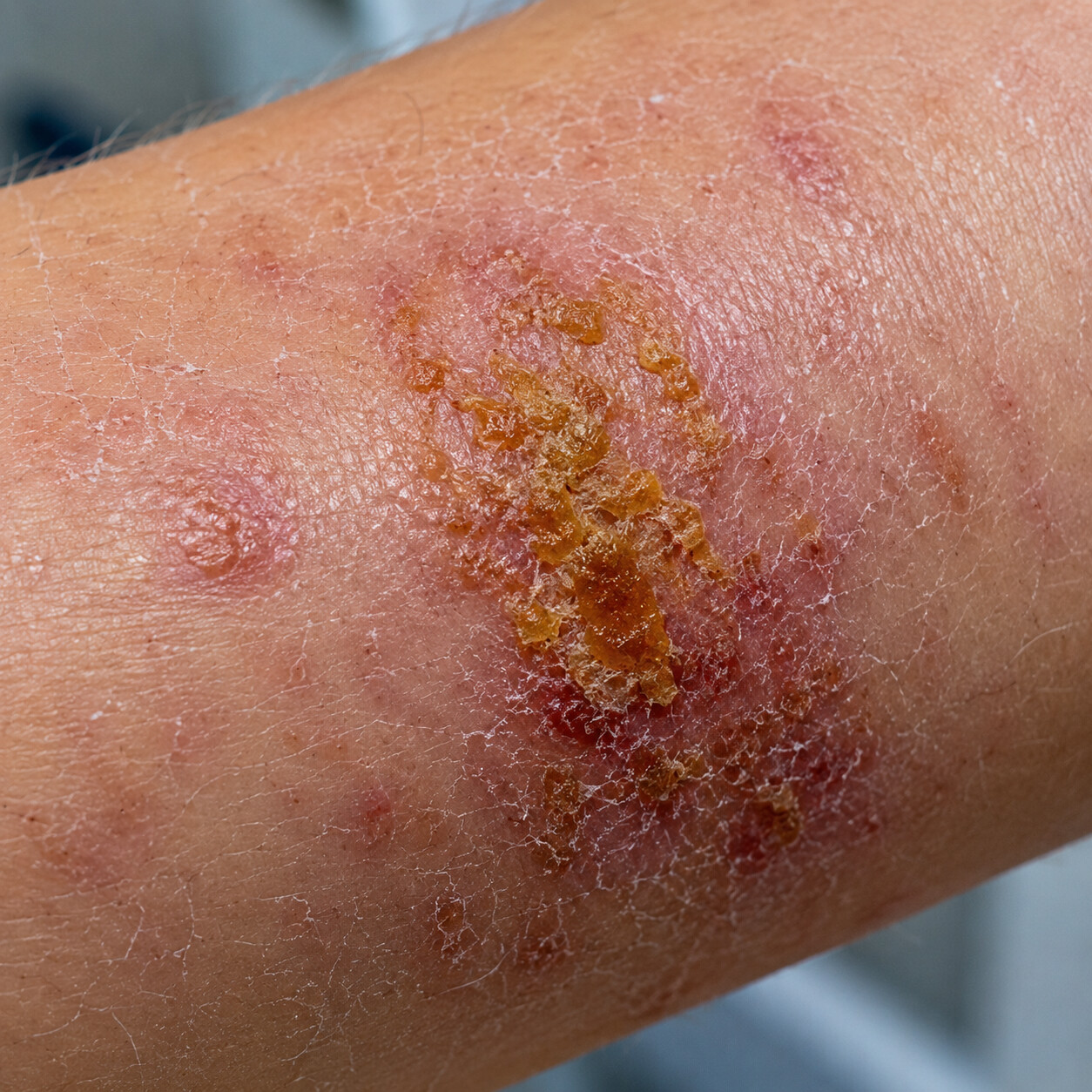 Close-up of an inflamed eczema lesion on the inner arm with honey-colored crusting typical of Staphylococcus aureus skin colonization
