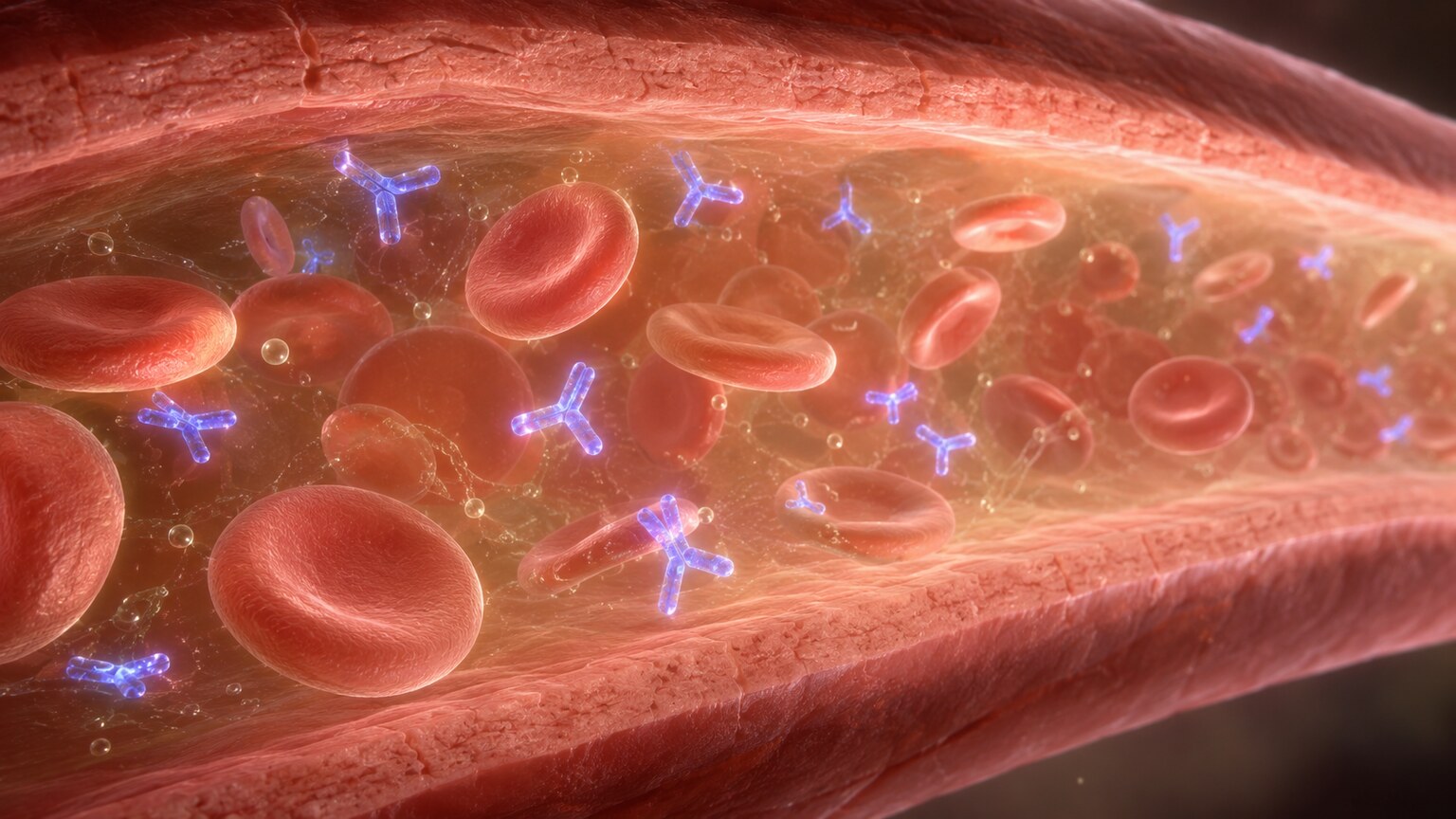 Scientific illustration of Y-shaped IgE antibodies circulating in blood, representing sensitization detected by an allergy test