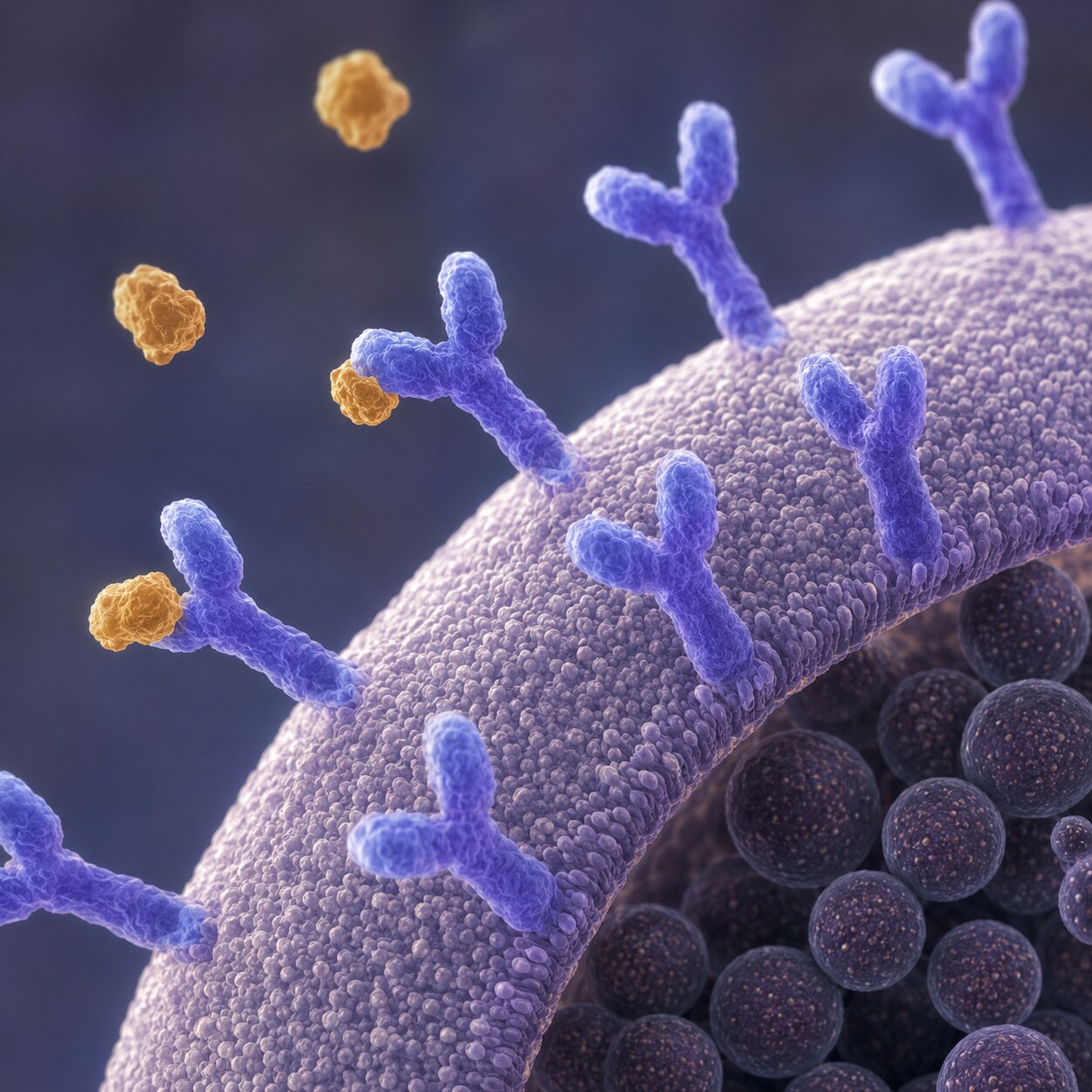 Scientific illustration of a mast cell coated in IgE antibodies remaining inactive without sufficient allergen crosslinking