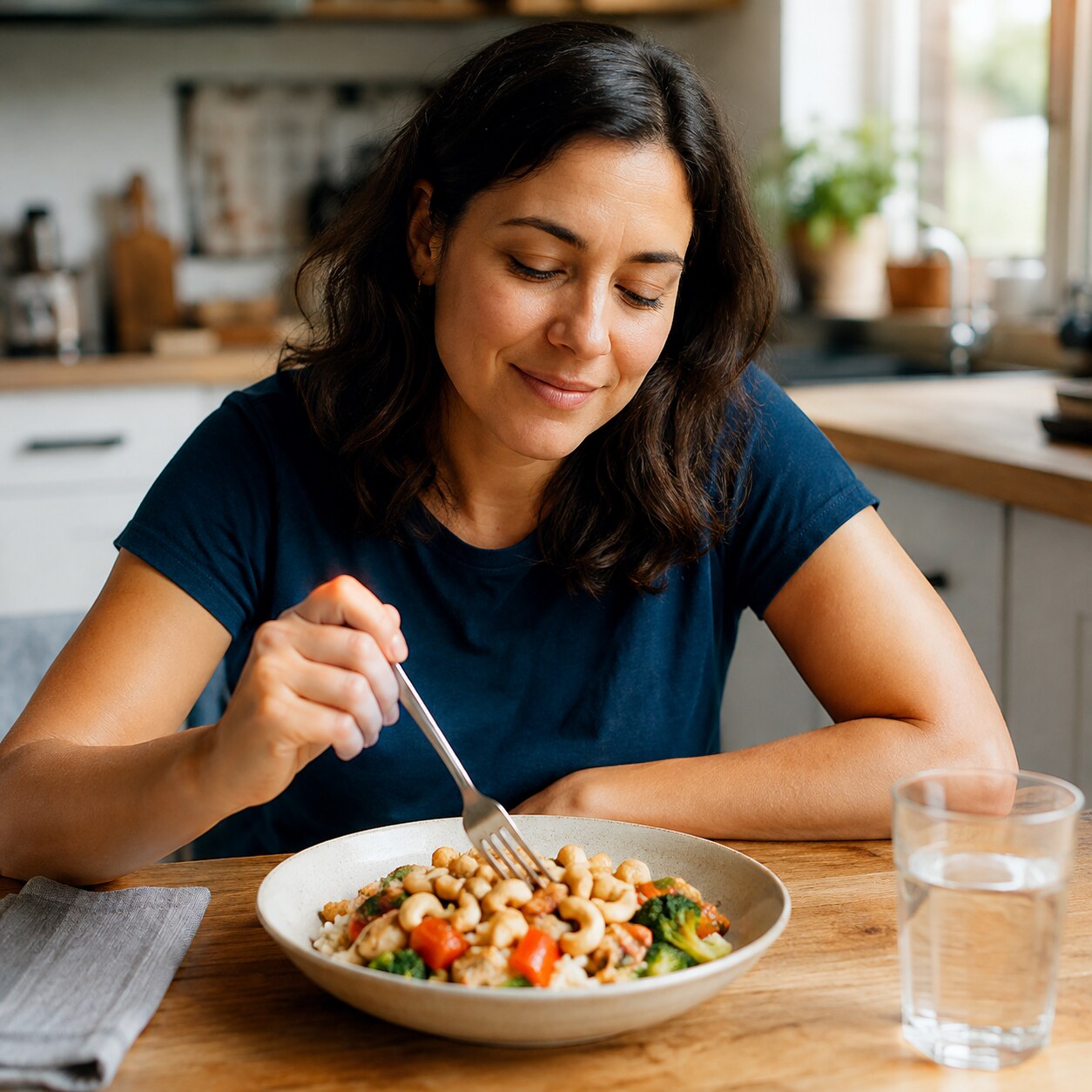 Person calmly eating a meal at home, representing someone who tests positive for a food allergen but experiences no reaction when eating it