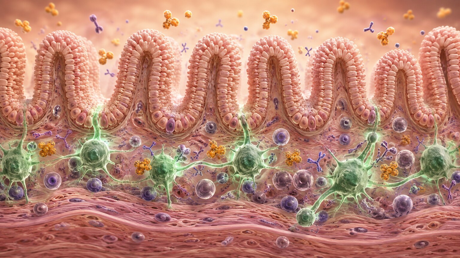 Scientific illustration of the intestinal lining showing regulatory immune cells promoting tolerance to a repeatedly eaten food protein