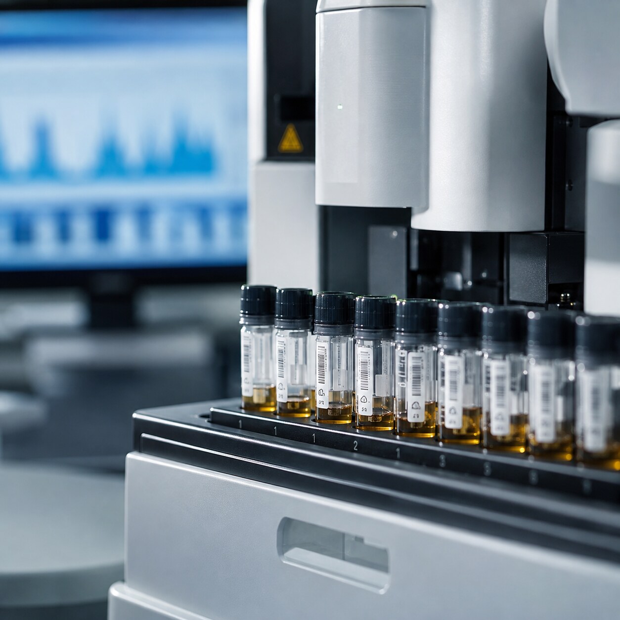 Close-up of precise laboratory measurement equipment used to detect very small quantities of allergen-specific antibody in a blood sample