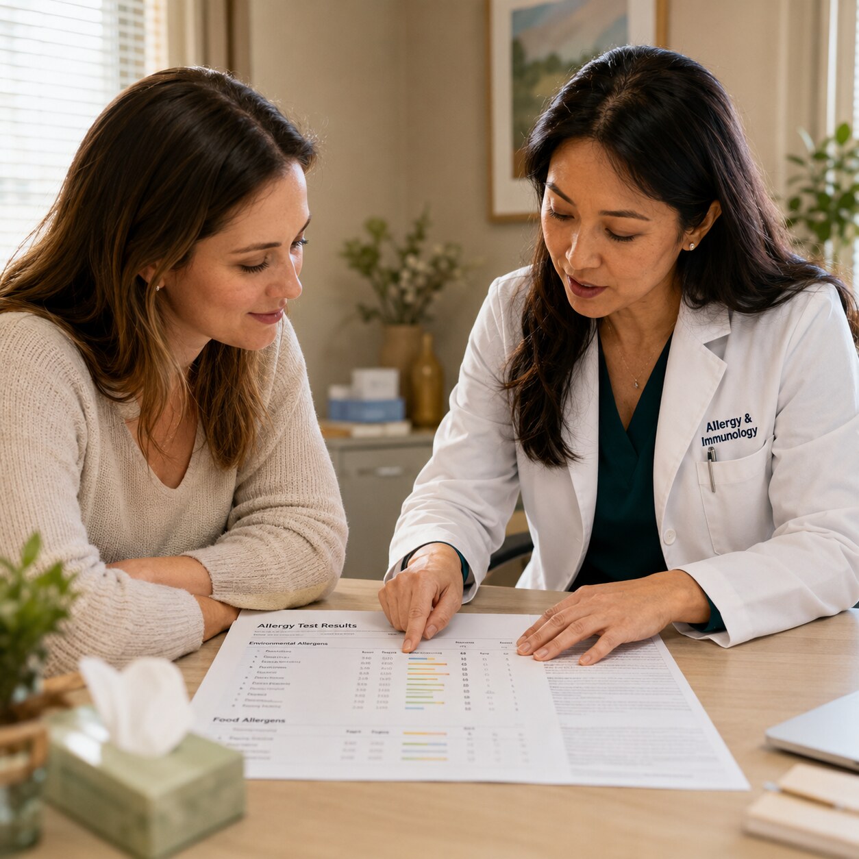 Allergist and patient sitting together reviewing a printed allergy test report during a consultation
