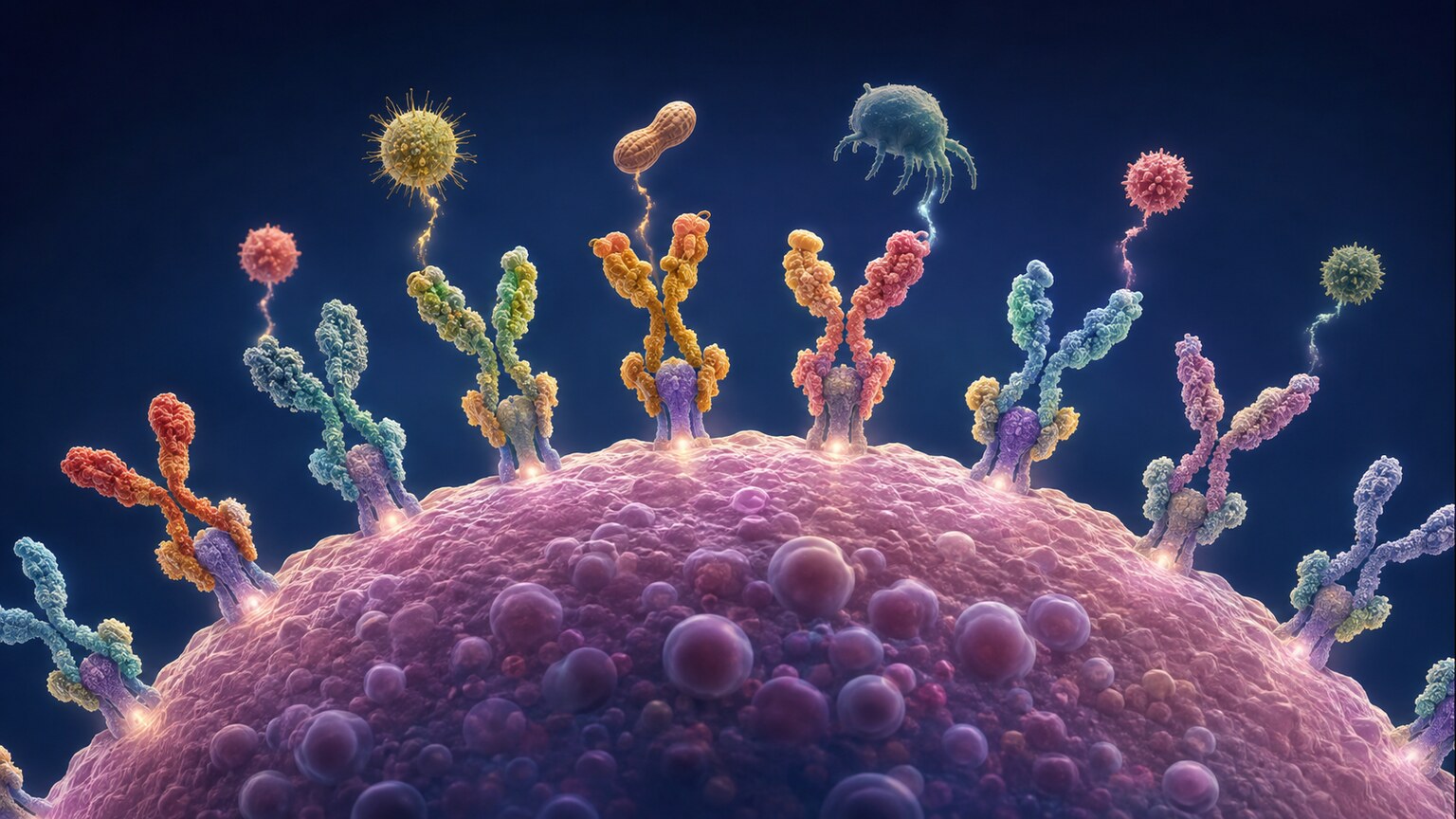 Scientific illustration of many different IgE antibodies with distinct binding sites attached to a mast cell surface