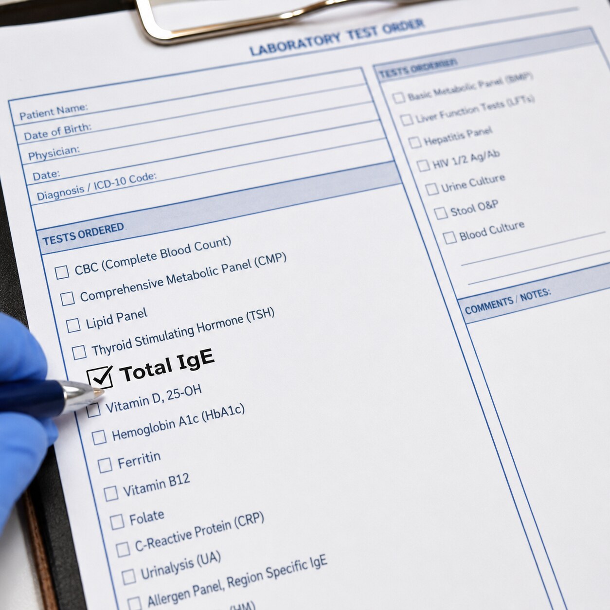 Close-up of a clinic lab requisition form with a checkbox marked for Total IgE testing