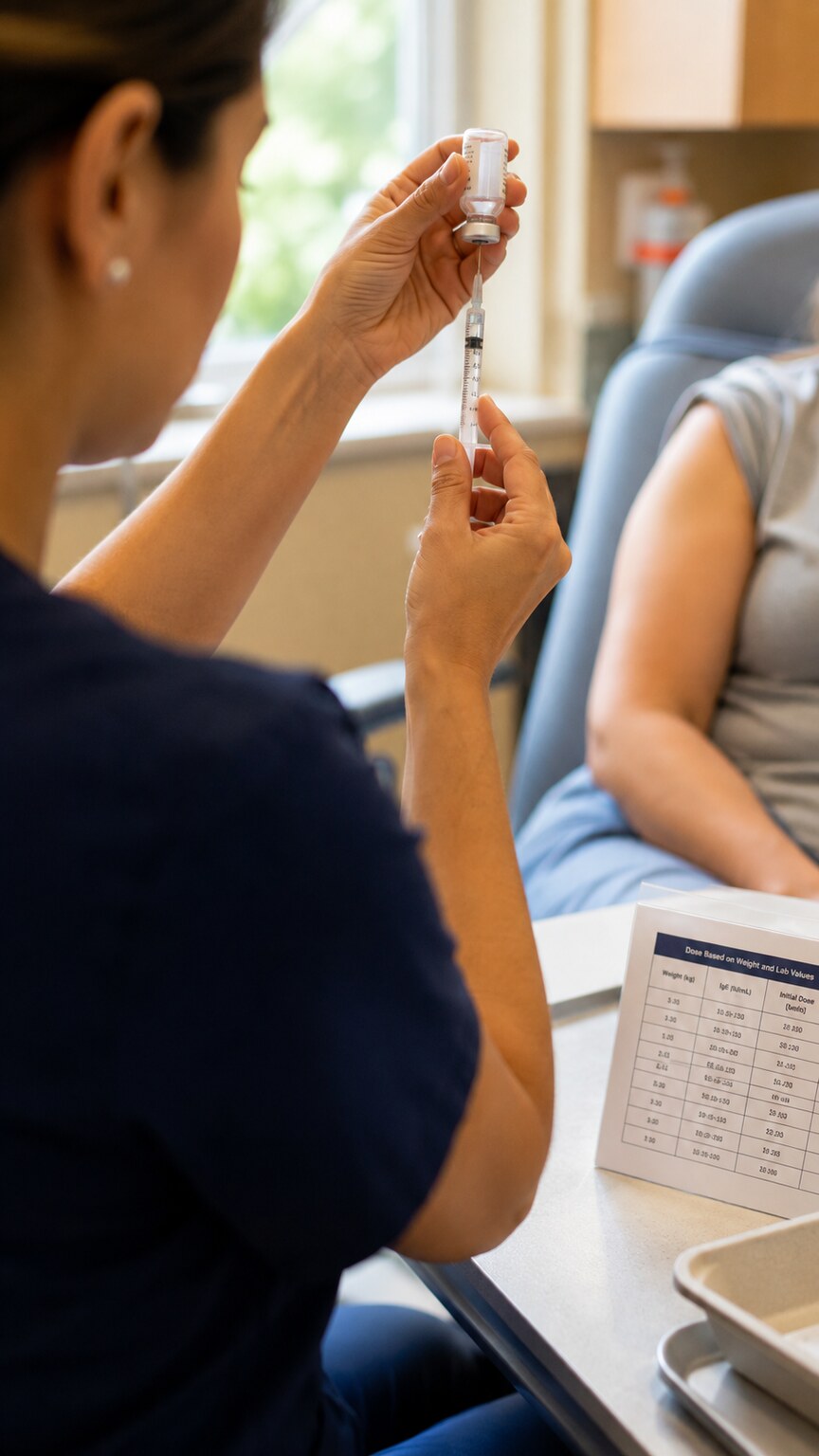 Nurse preparing a biologic injection for a patient's severe asthma treatment in a clinic setting