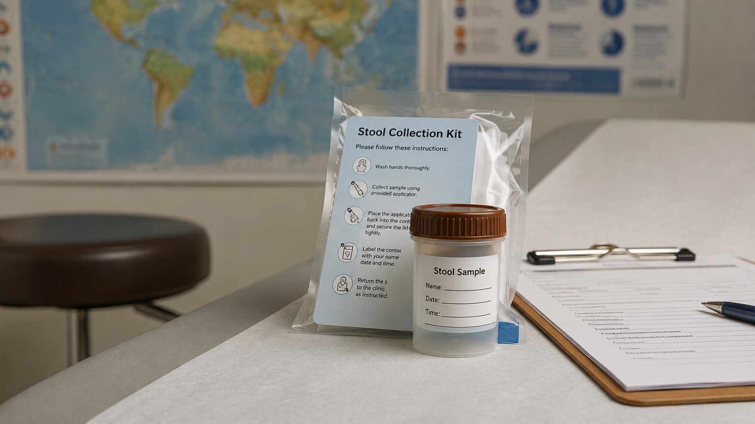 Travel medicine clinic scene with a stool sample collection kit and a world map on the wall