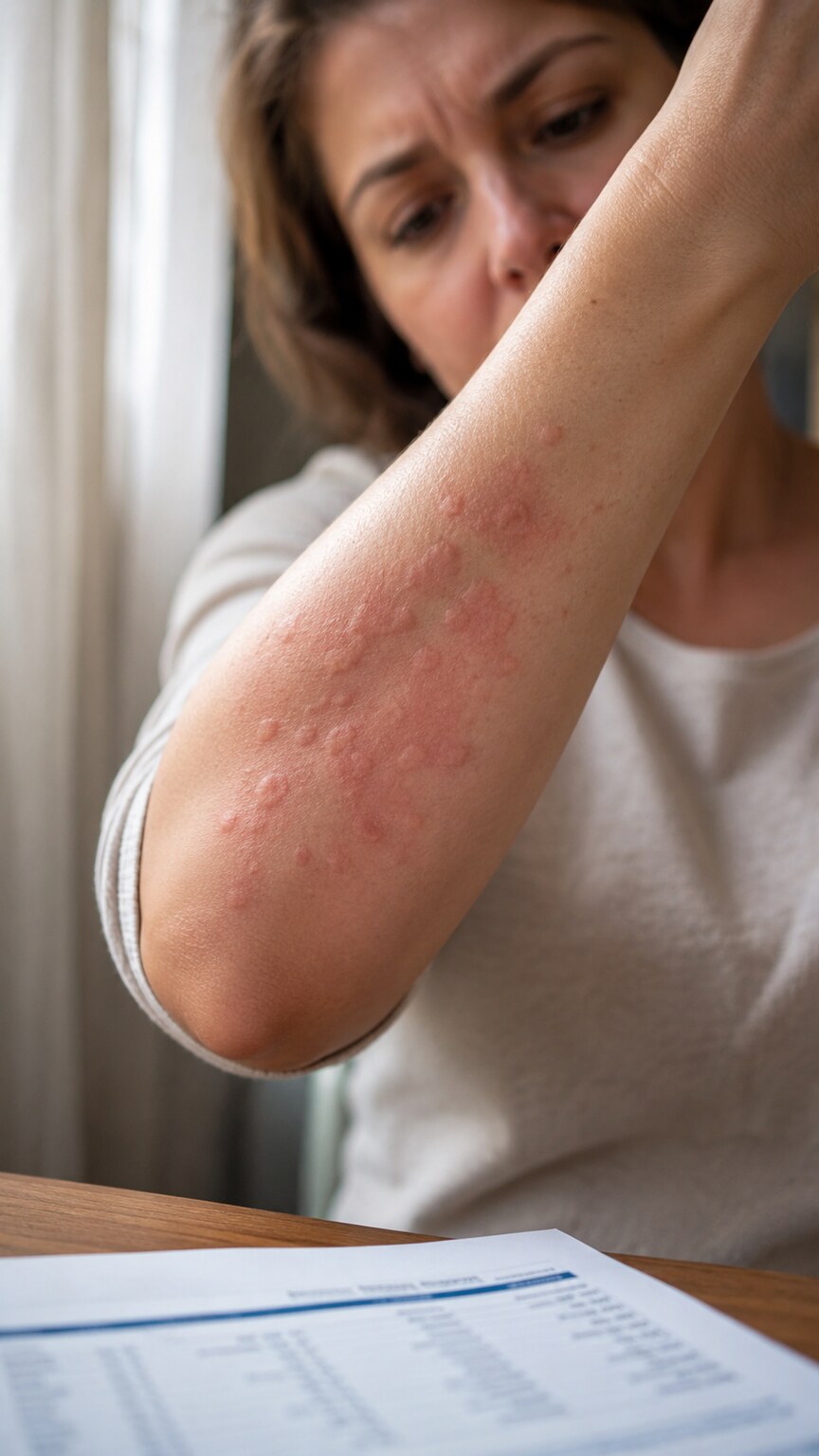 Person with visible hives on their forearm despite having a normal total IgE lab report