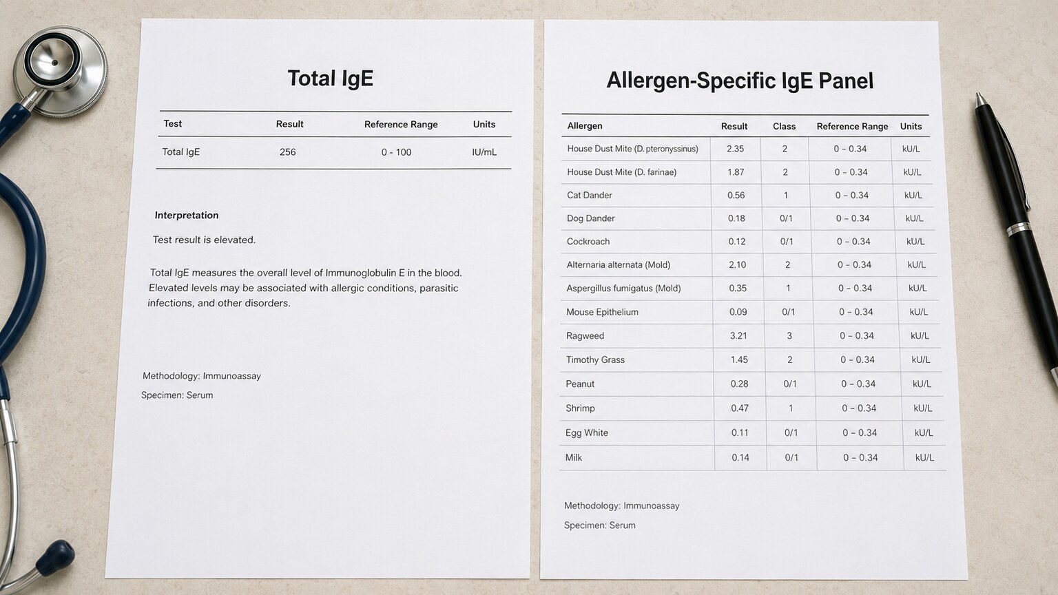 Two separate lab reports laid side by side, one labeled Total IgE and the other labeled Allergen-Specific IgE Panel