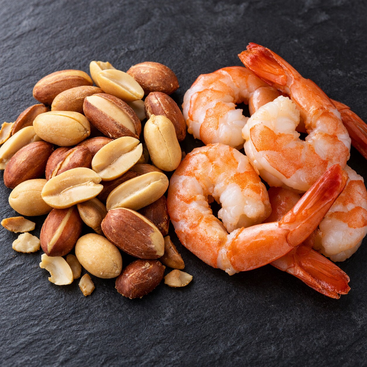 Shelled peanuts and shrimp arranged together, two foods whose allergy-triggering proteins remain structurally stable even after cooking
