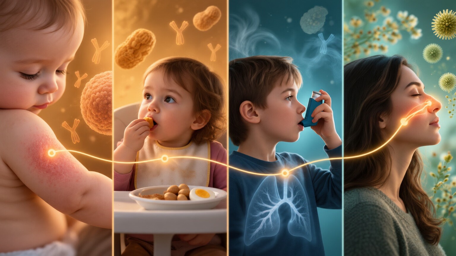 Illustrated timeline showing the atopic march progressing from infant eczema through childhood food allergy to asthma and allergic rhinitis in later years
