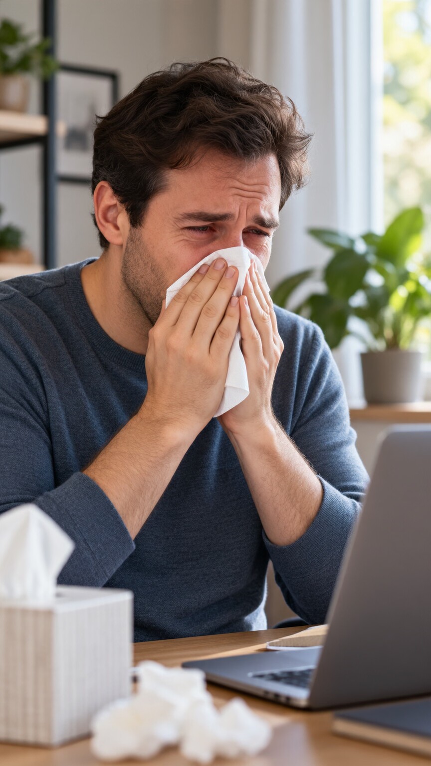 An adult experiencing sudden nasal allergy symptoms, illustrating how new sensitivities can develop well outside of childhood