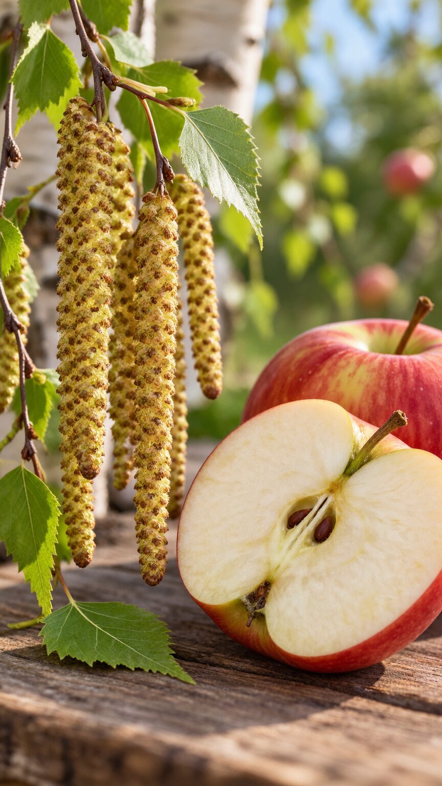 Birch tree pollen catkins beside a sliced raw apple, illustrating the cross-reactive proteins behind pollen-food syndrome