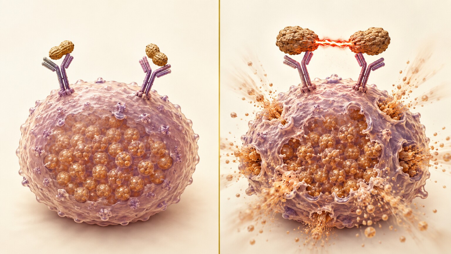 Scientific illustration comparing a dormant, non-reactive mast cell to an actively degranulating allergic mast cell