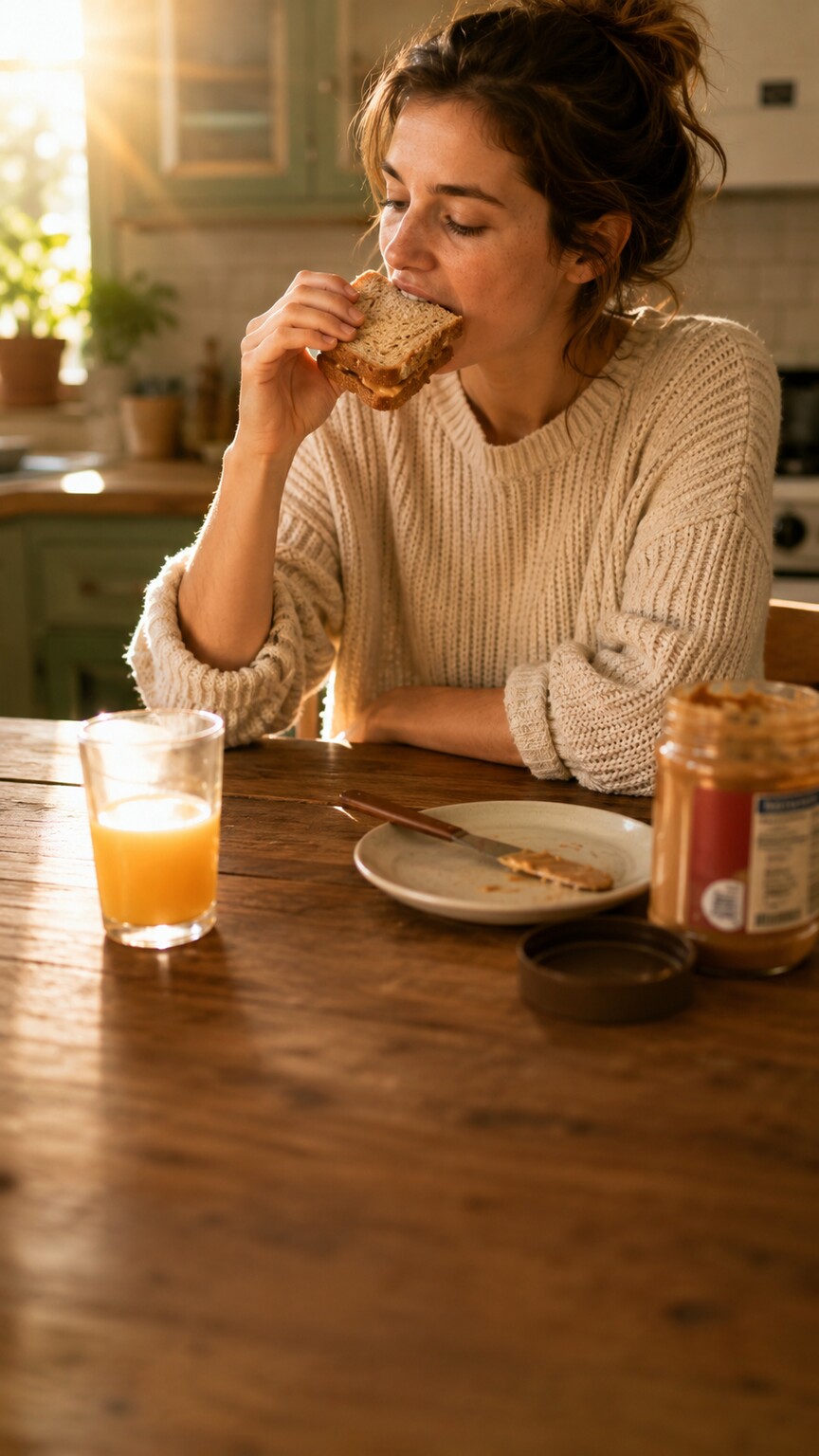 Person eating a peanut butter sandwich at a kitchen table in the morning without any allergic reaction