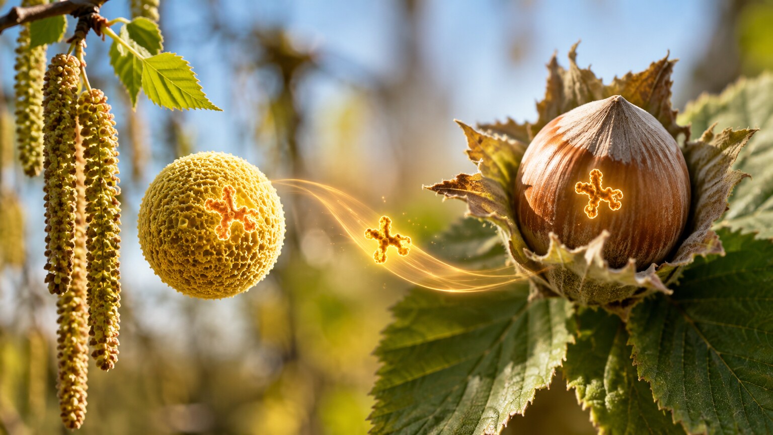 Scientific illustration showing birch pollen grains and a hazelnut connected by a shared cross-reactive protein structure